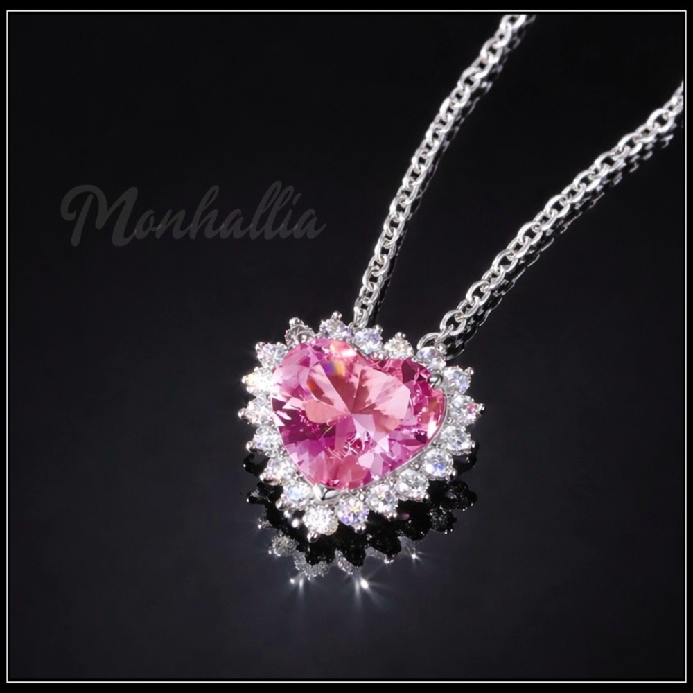 NEW SILVER & PINK DIAMOND CRYSTAL HEART HALO PENDANT NECKLACE